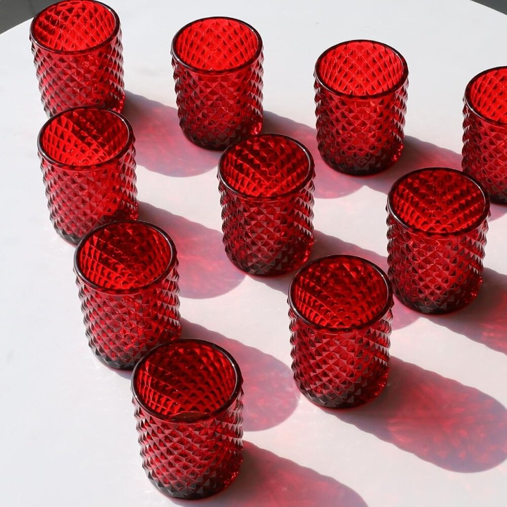 Red Votive Candle Holders Bulk Set of 12, Glass Tea Lights Candle Holder for Wed - Picture 6 of 9